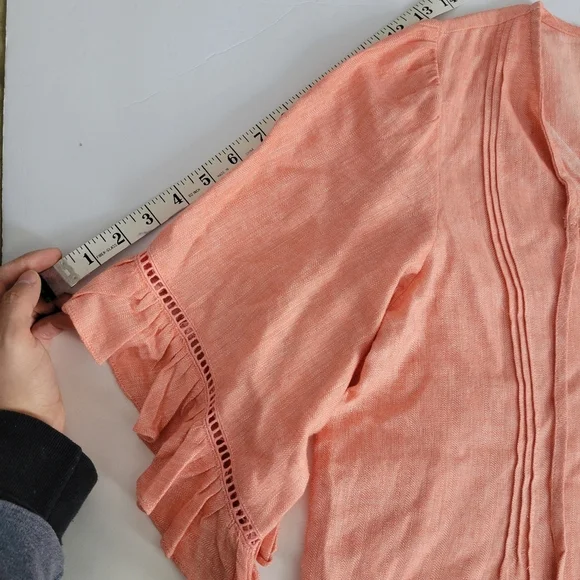 Lauren Conrad Salmon Colored Linen Tie Front V Neck 3/4 Sleeve Shirt - Picture 5 of 8